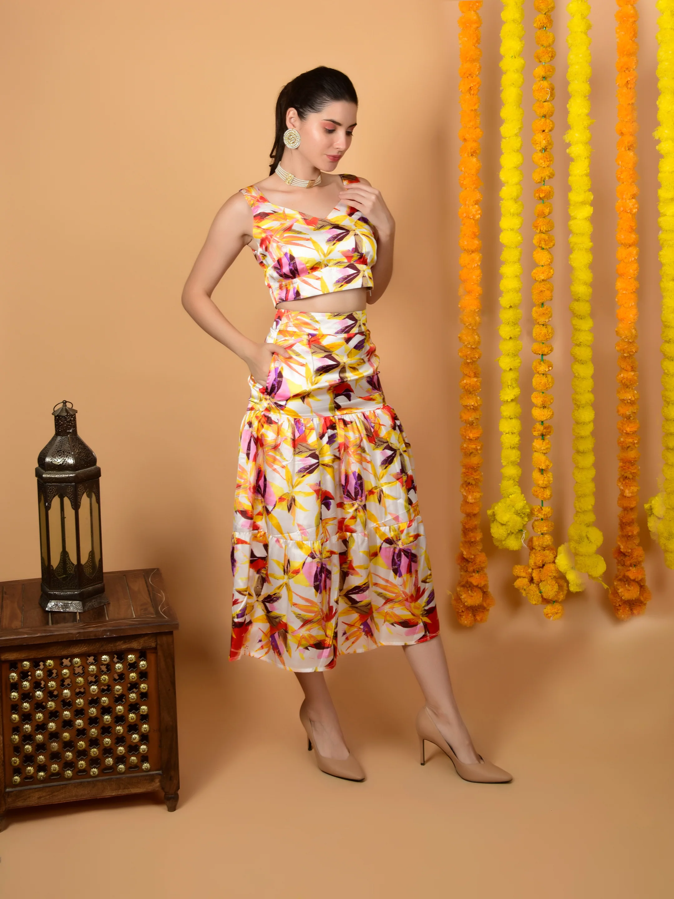 Multicolor Printed Satin Crop Top & Skirt Set - KENZY CO-ORD - Image 4