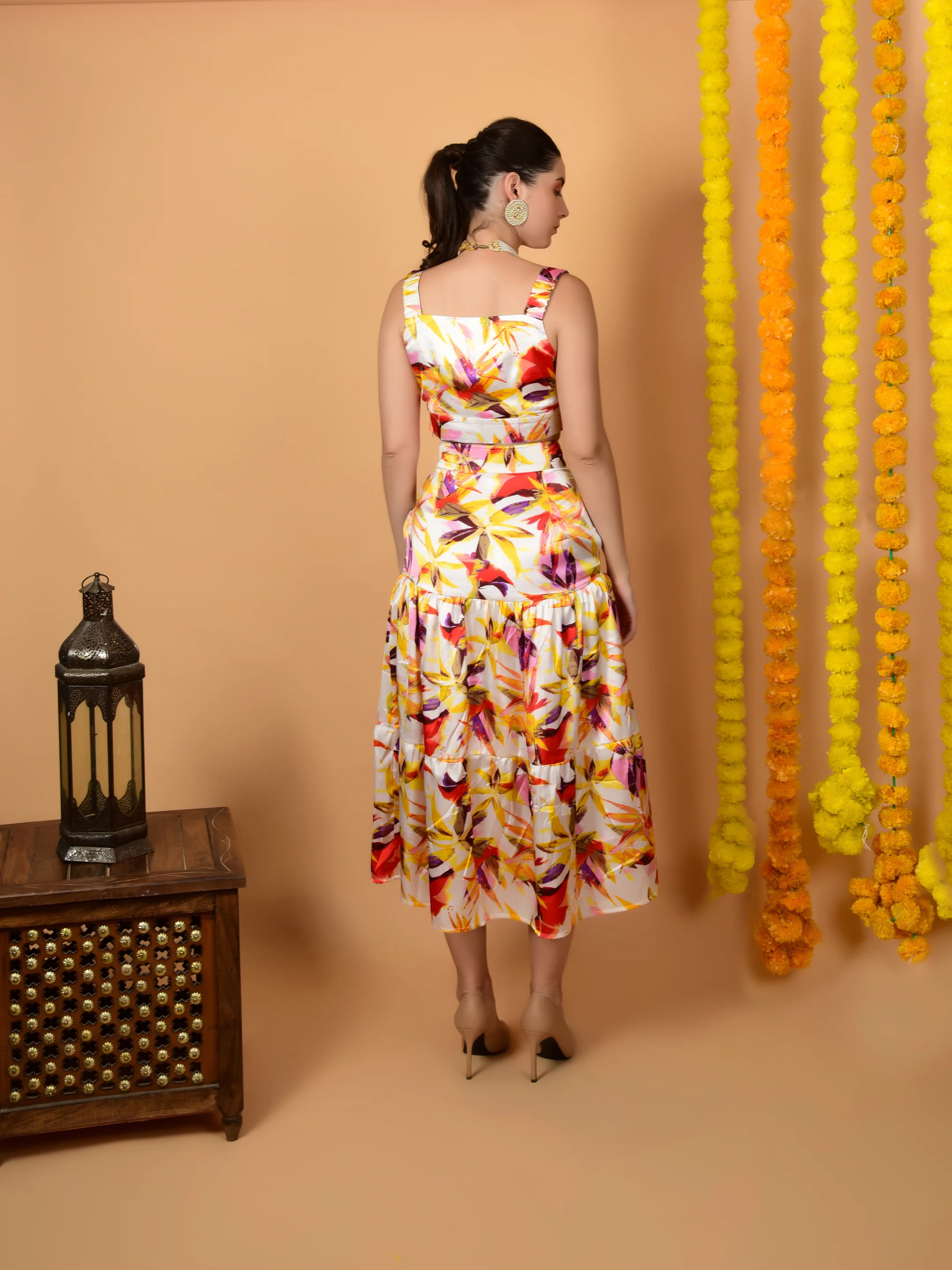 Multicolor Printed Satin Crop Top & Skirt Set - KENZY CO-ORD - Image 5