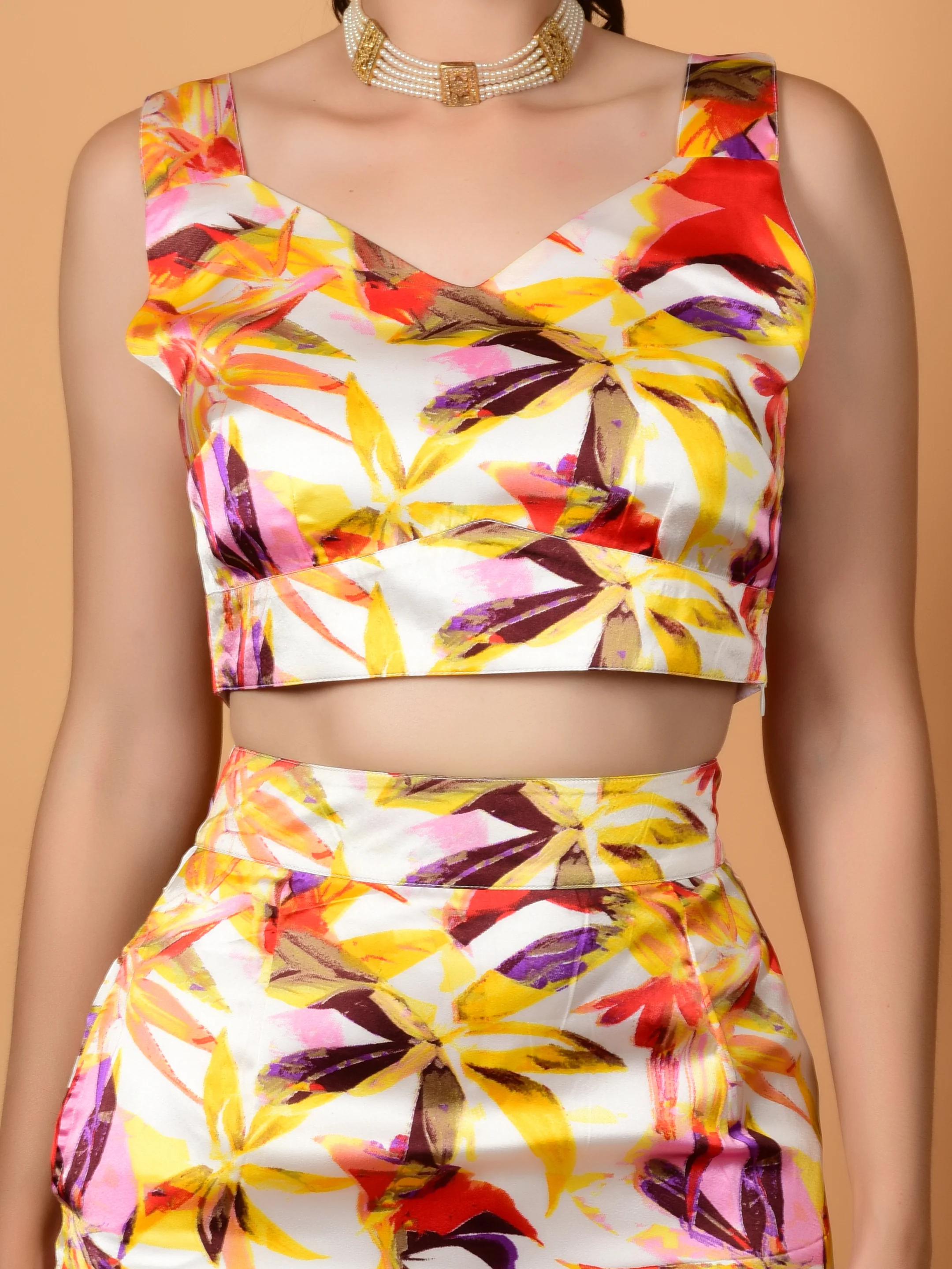 Multicolor Printed Satin Crop Top & Skirt Set - KENZY CO-ORD - Image 6