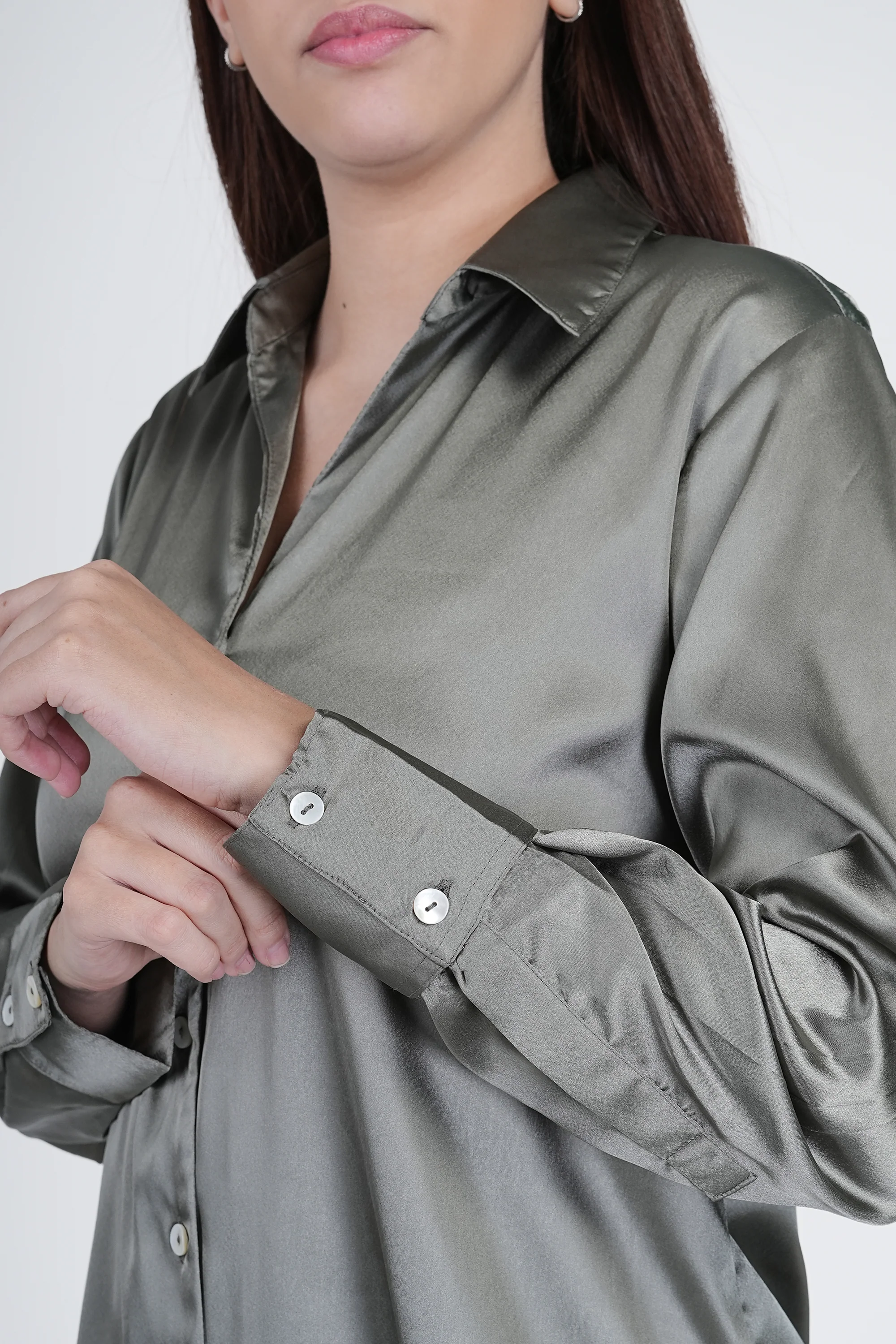 Olive Green Satin Shirt for Women - Image 3