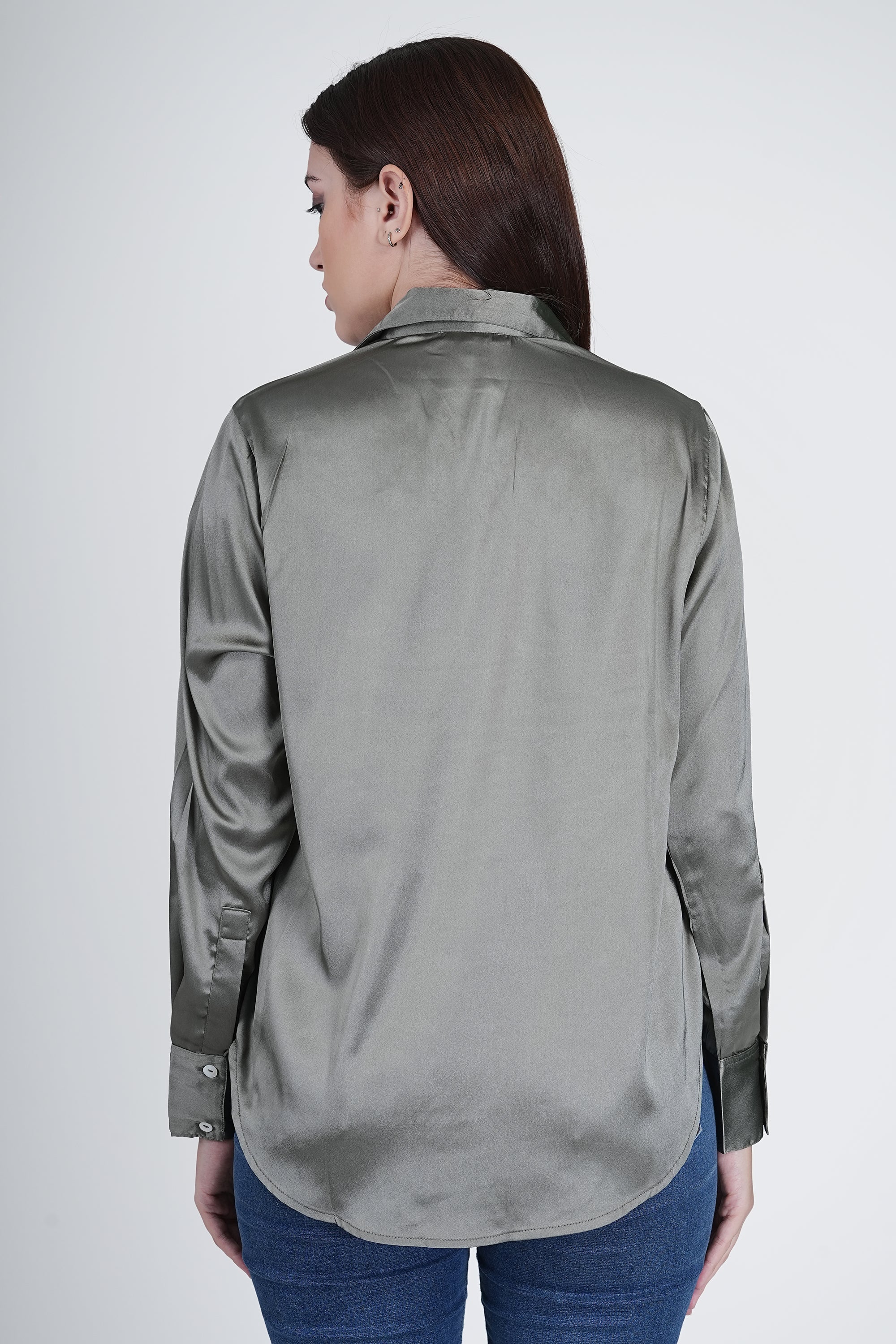 Olive Green Satin Shirt for Women - Image 5
