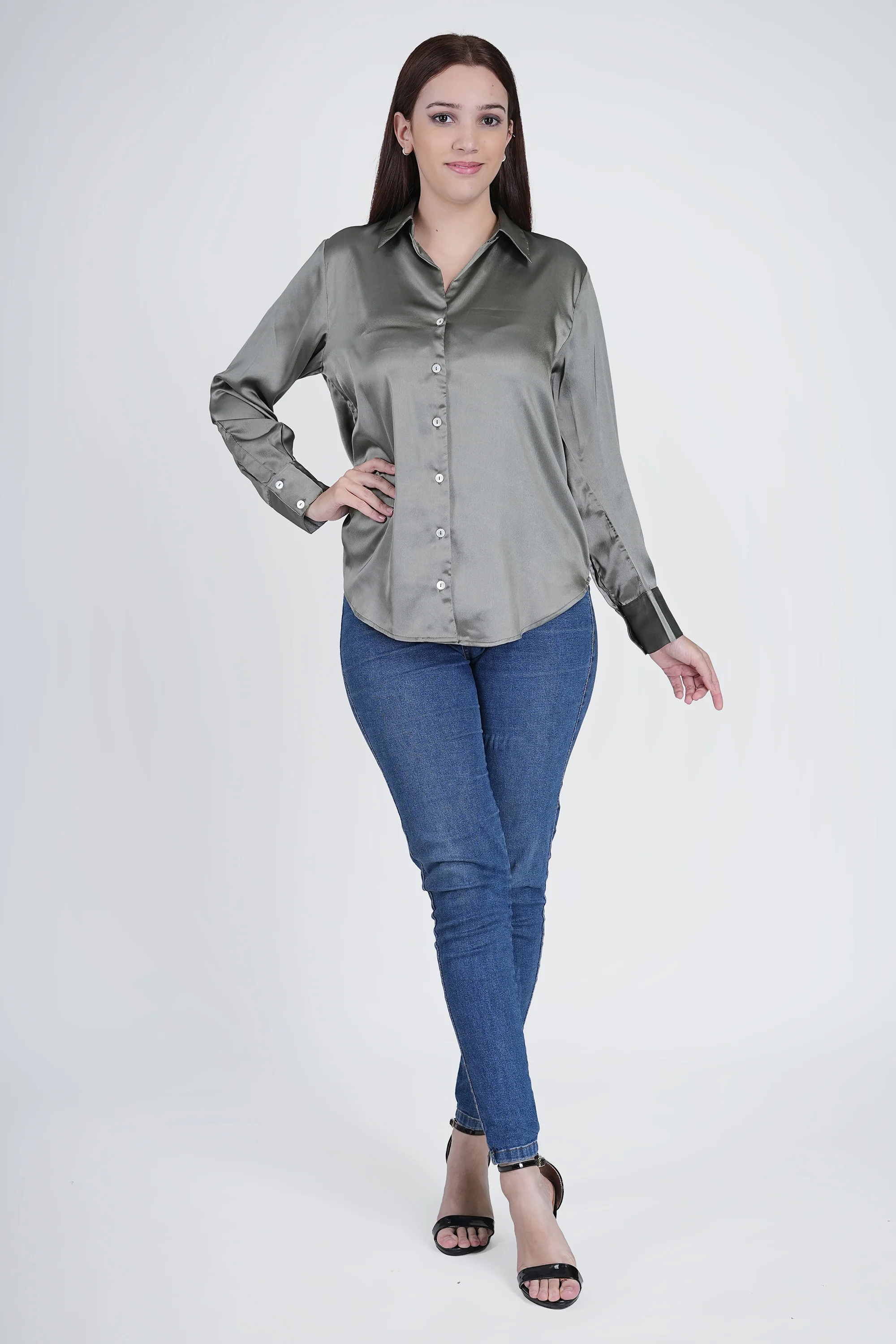 Olive Green Satin Shirt for Women - Image 6