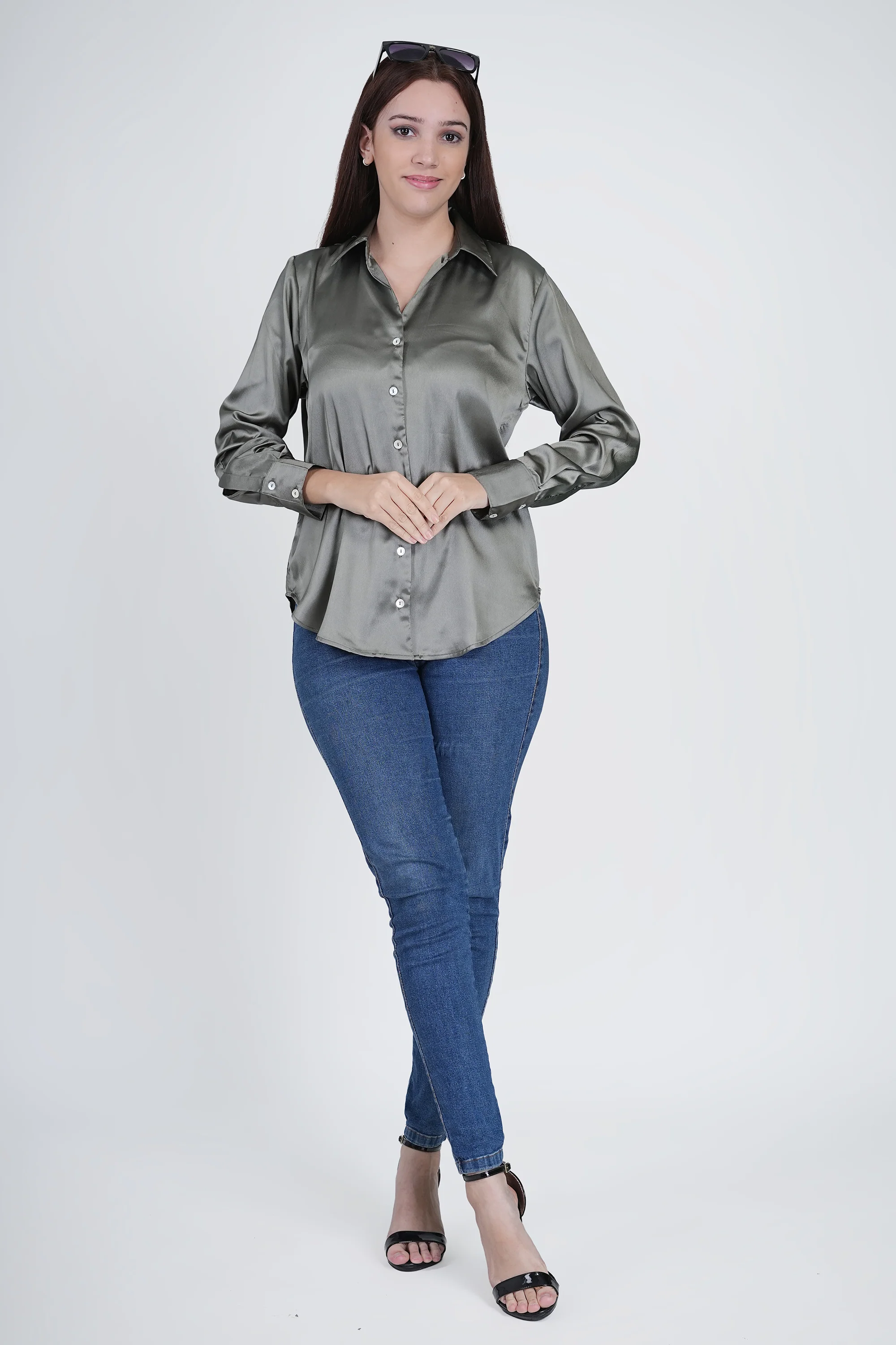 Olive Green Satin Shirt for Women - Image 7