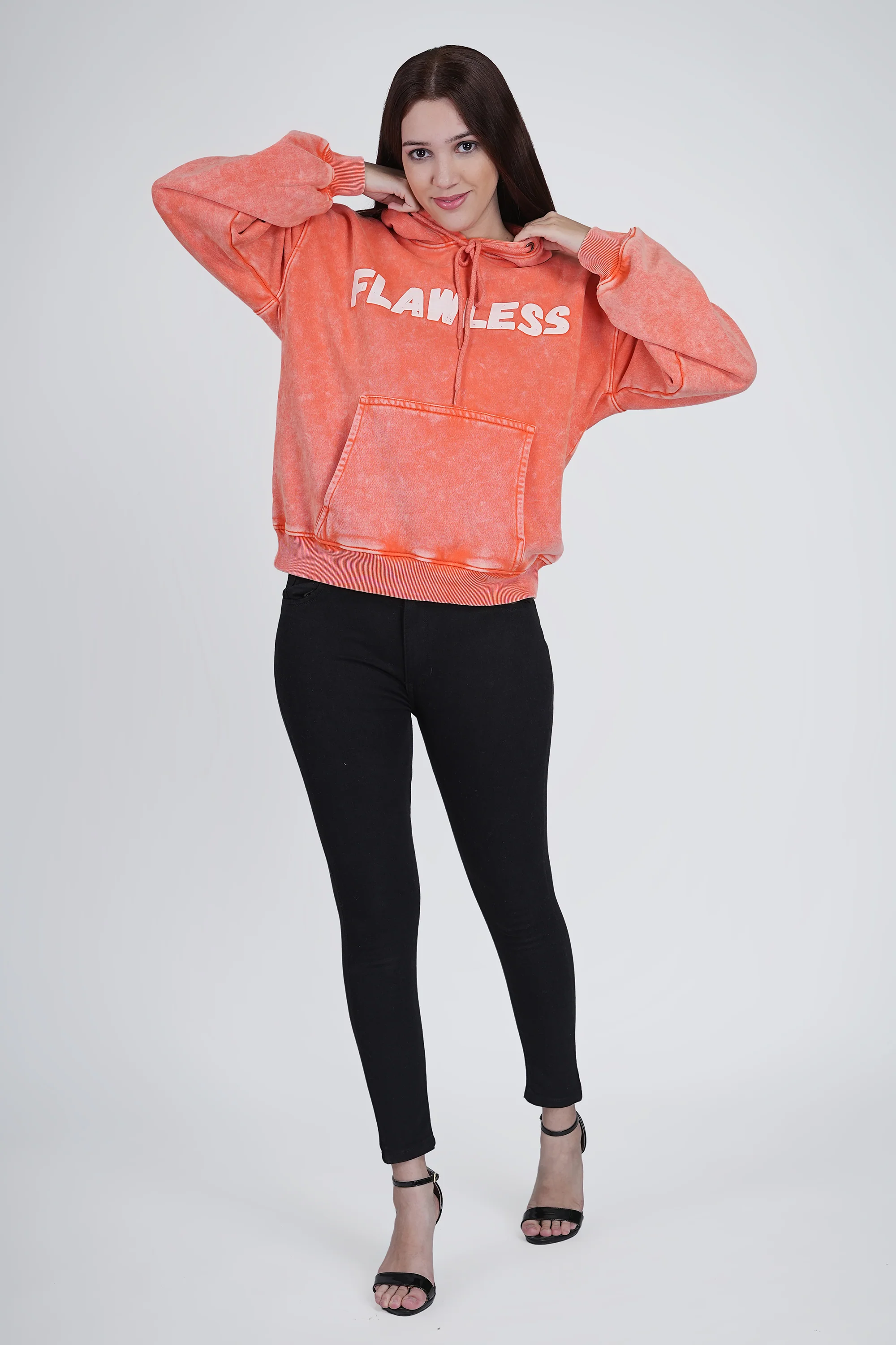 Orange Full Sleeve Solid Hooded Sweatshirt for Women - Image 4