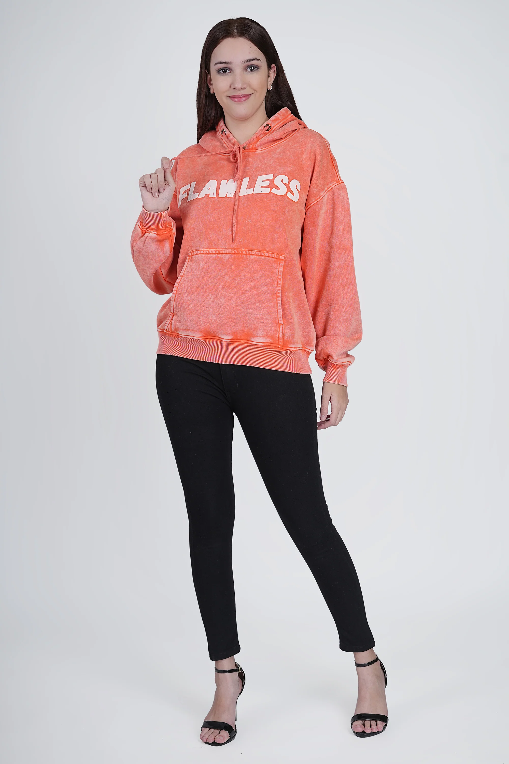 Orange Full Sleeve Solid Hooded Sweatshirt for Women - Image 6