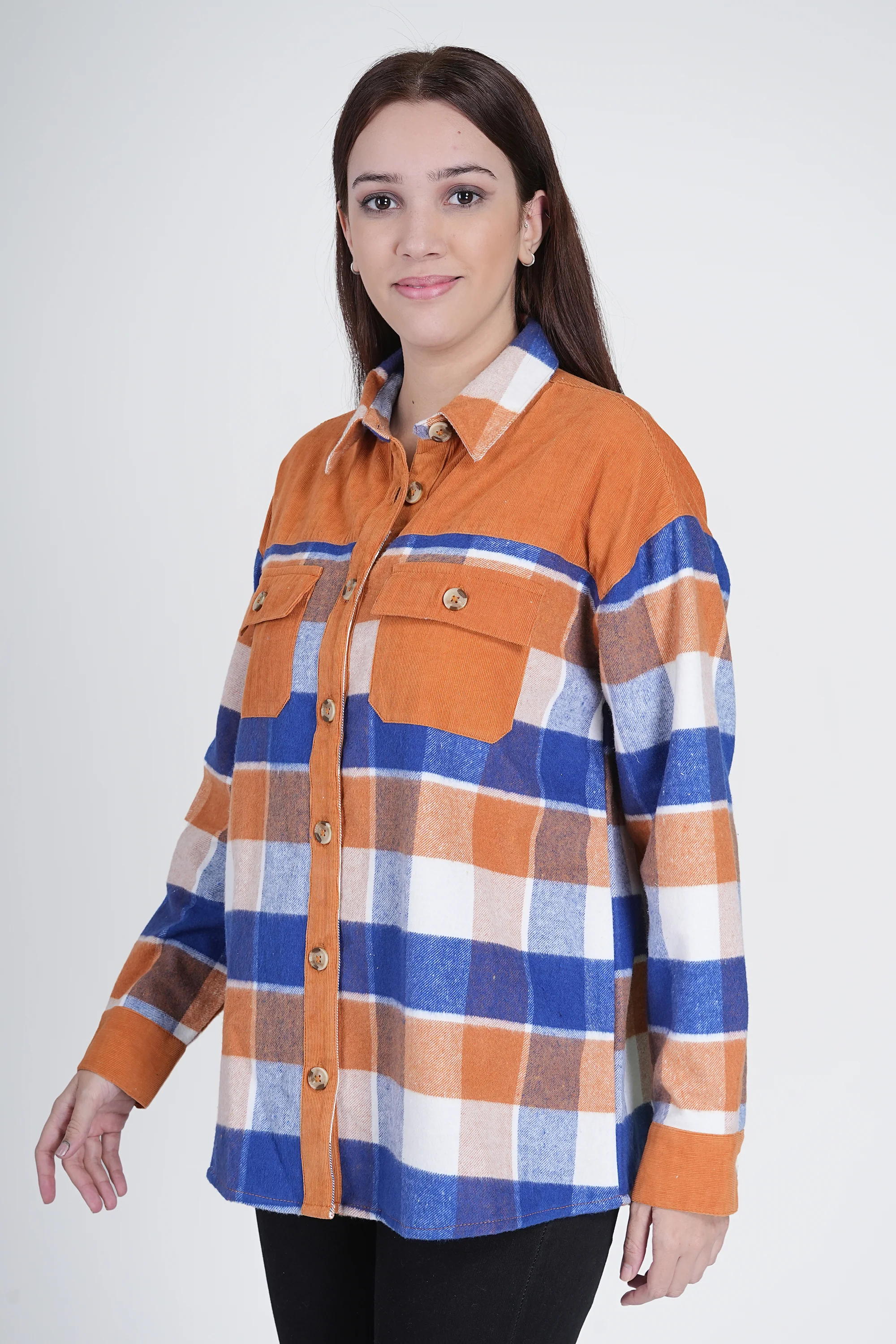 Orange Women's Boxy Fit Checkered Curved Collar Shacket - Image 2