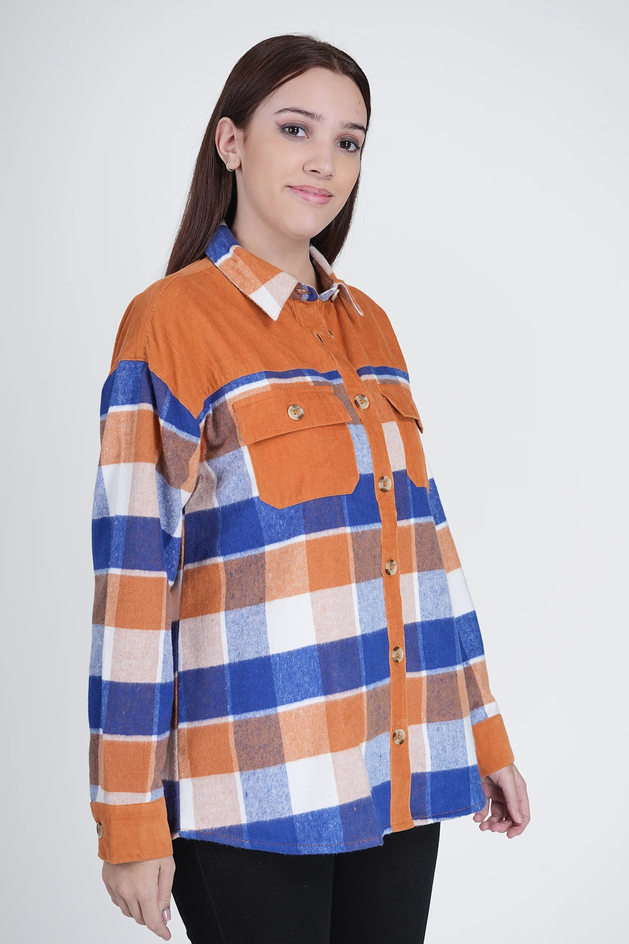 Orange Women's Boxy Fit Checkered Curved Collar Shacket - Image 4