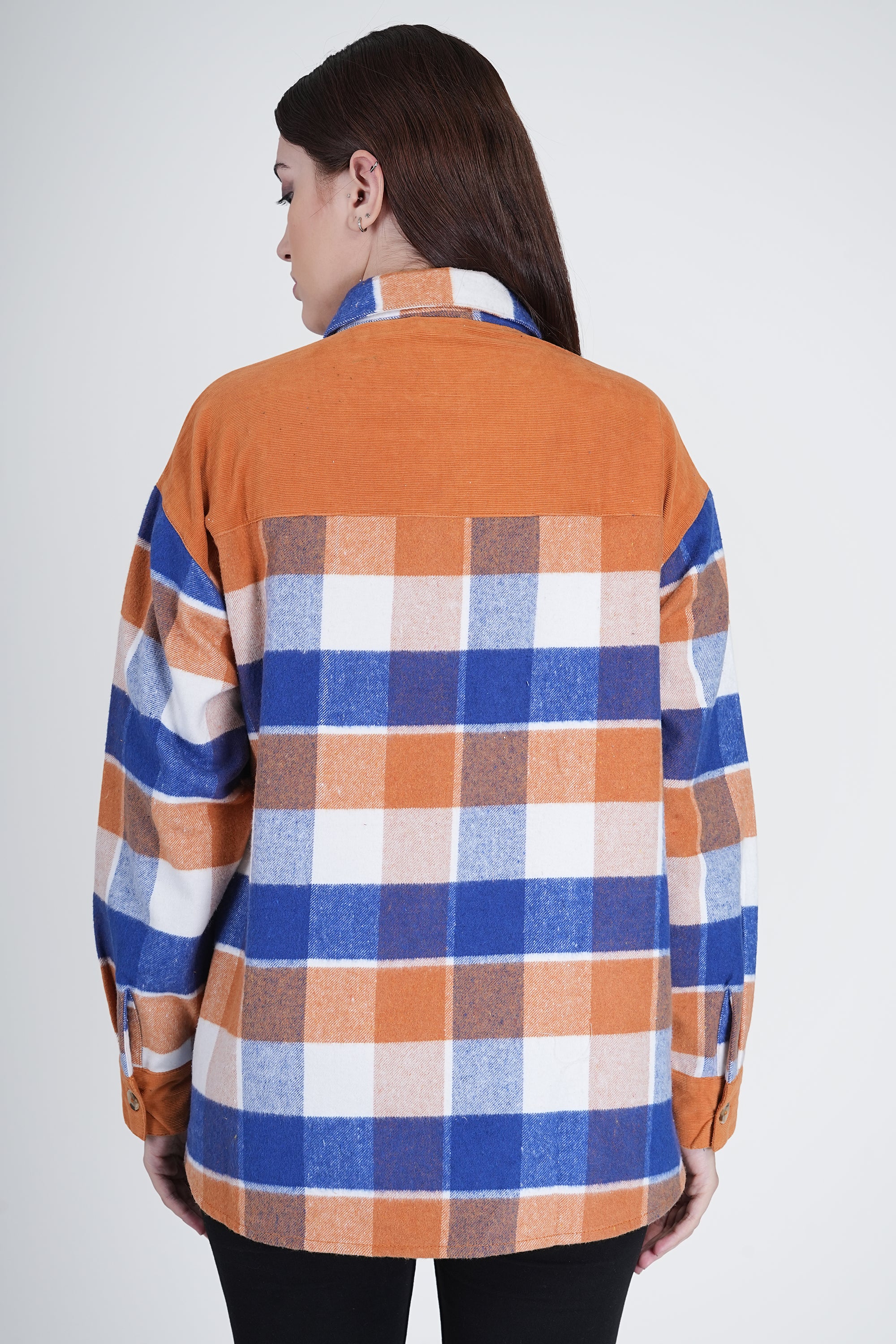 Orange Women's Boxy Fit Checkered Curved Collar Shacket - Image 5