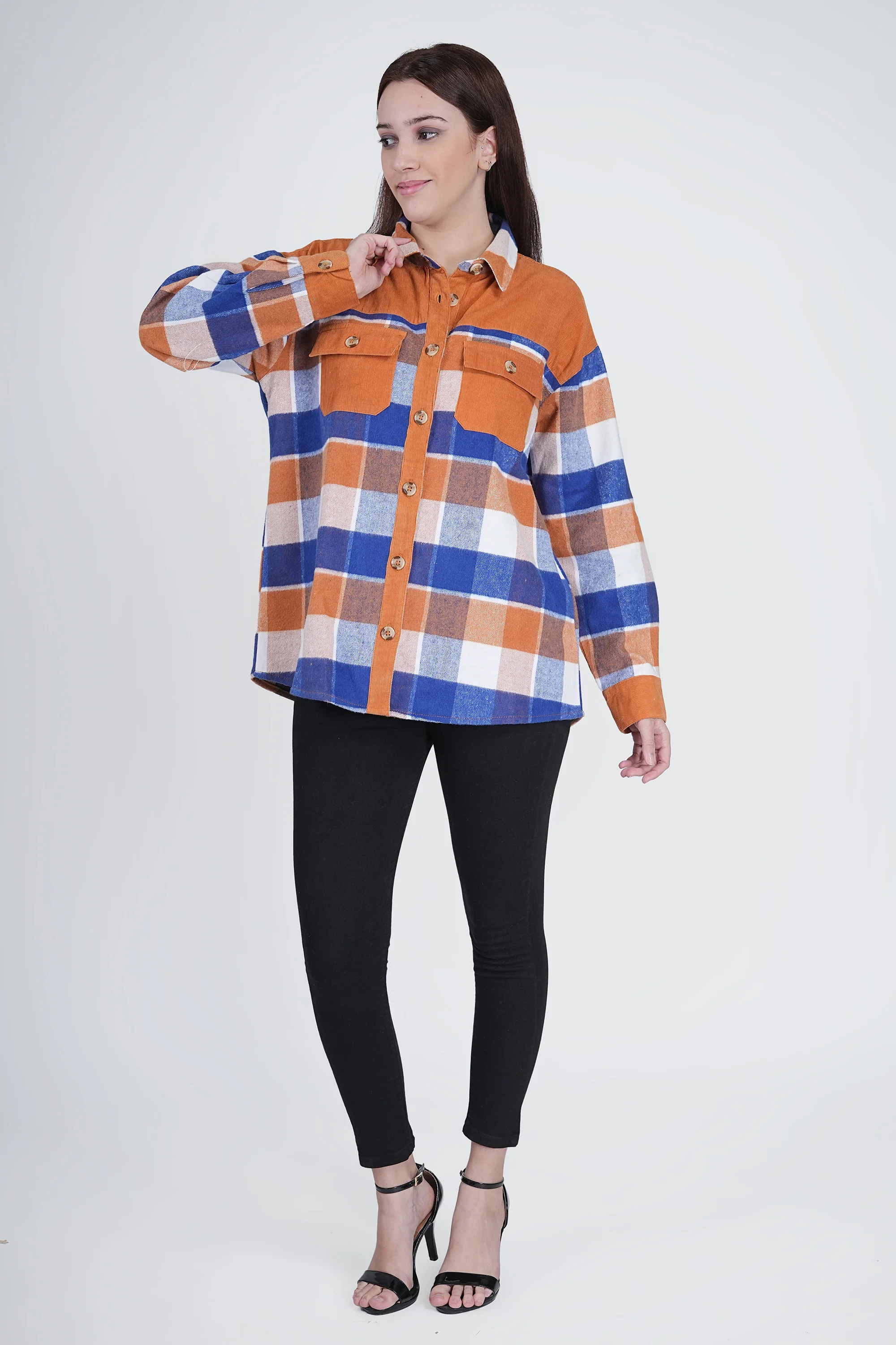 Orange Women's Boxy Fit Checkered Curved Collar Shacket - Image 6