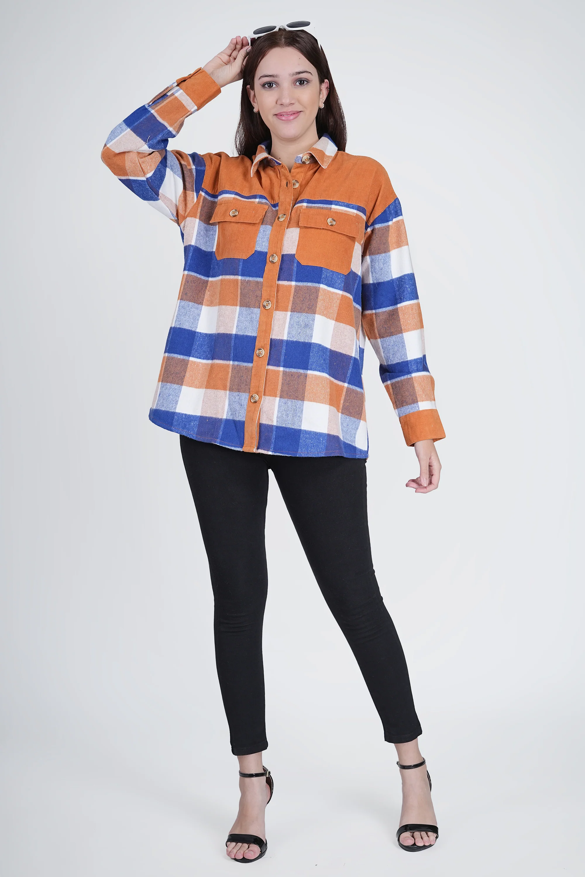 Orange Women's Boxy Fit Checkered Curved Collar Shacket - Image 7