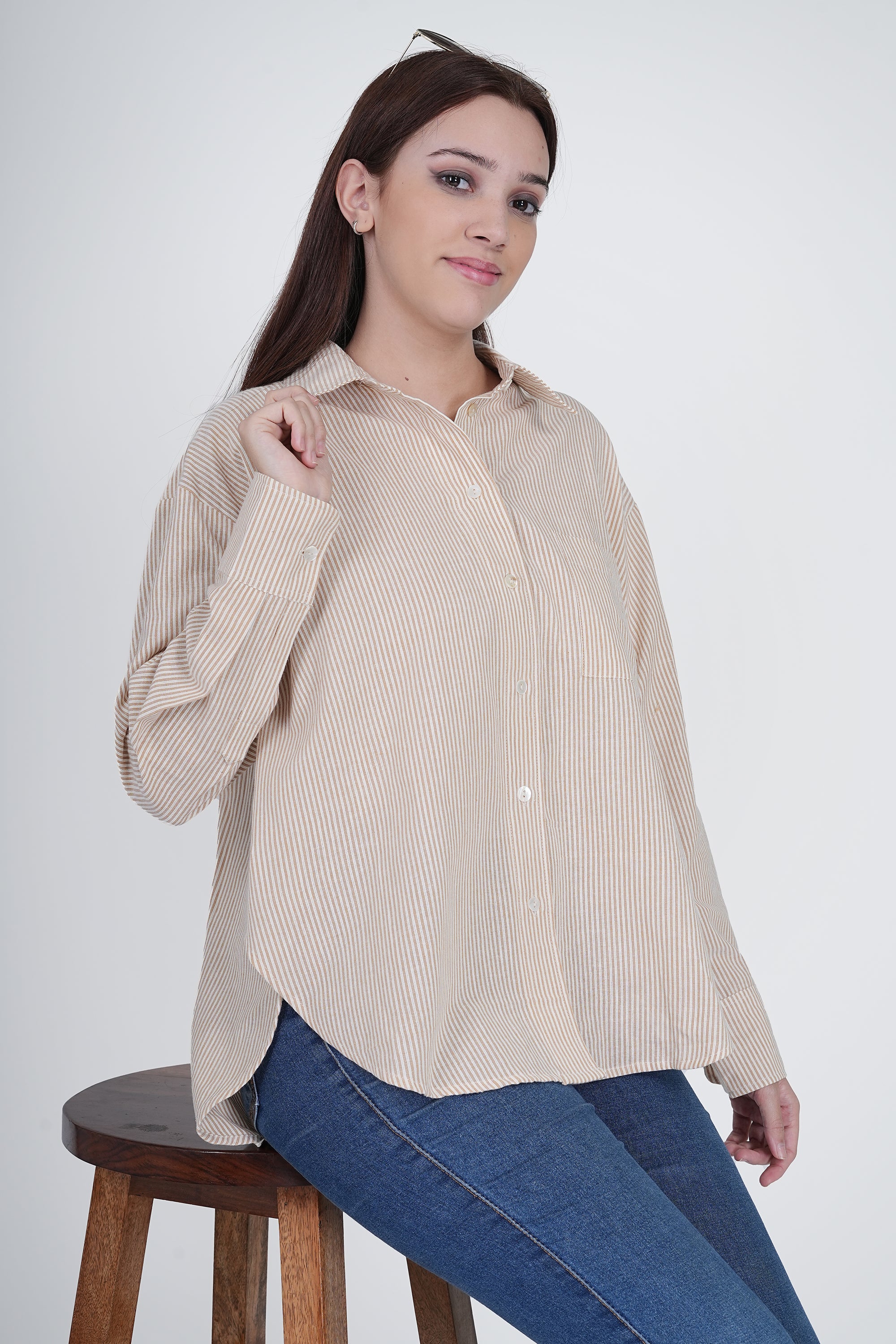 Oversized Cotton Shirt - Light Brown - Image 4