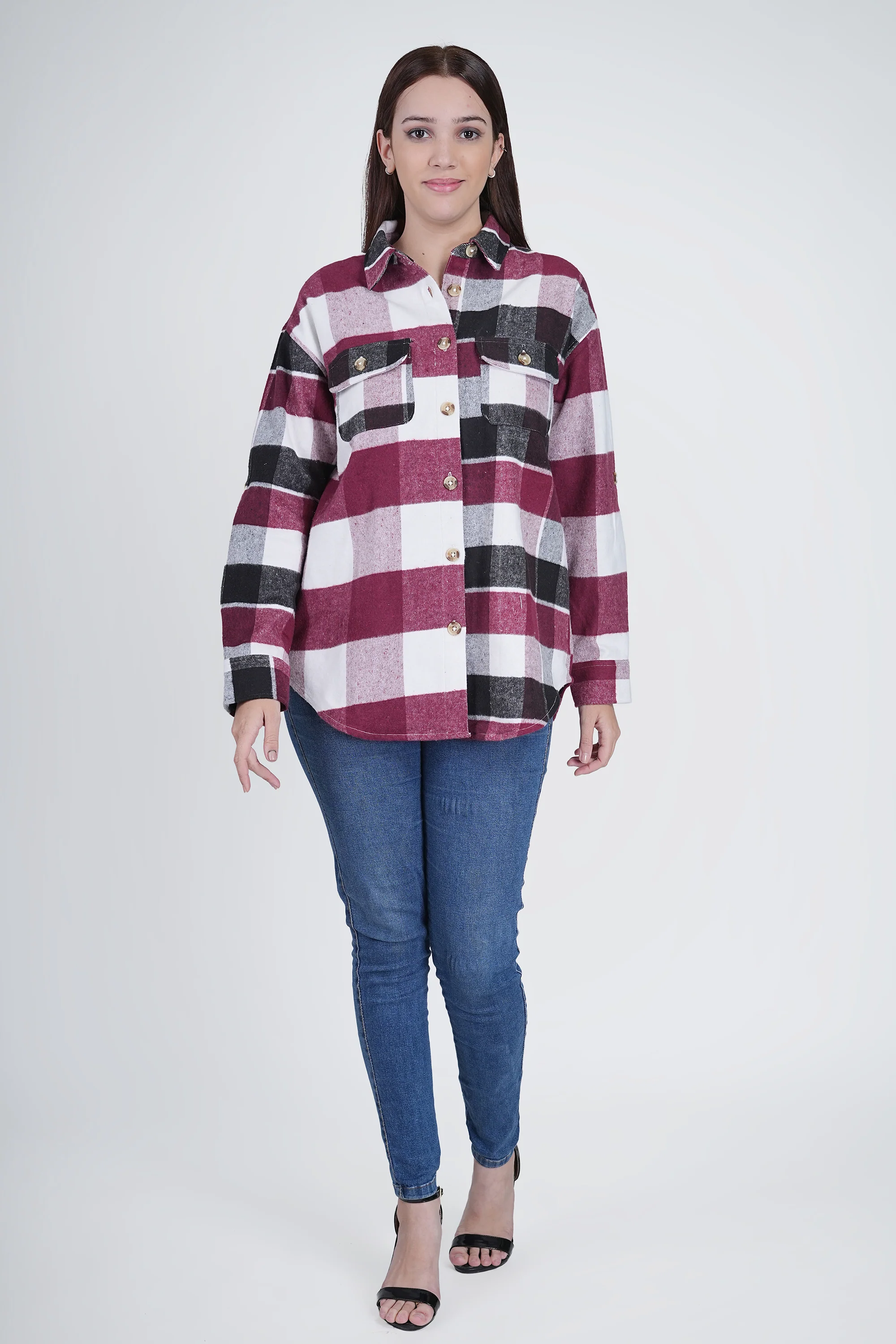Pink and Black Women's Boxy Fit Checkered Shacket - Image 5