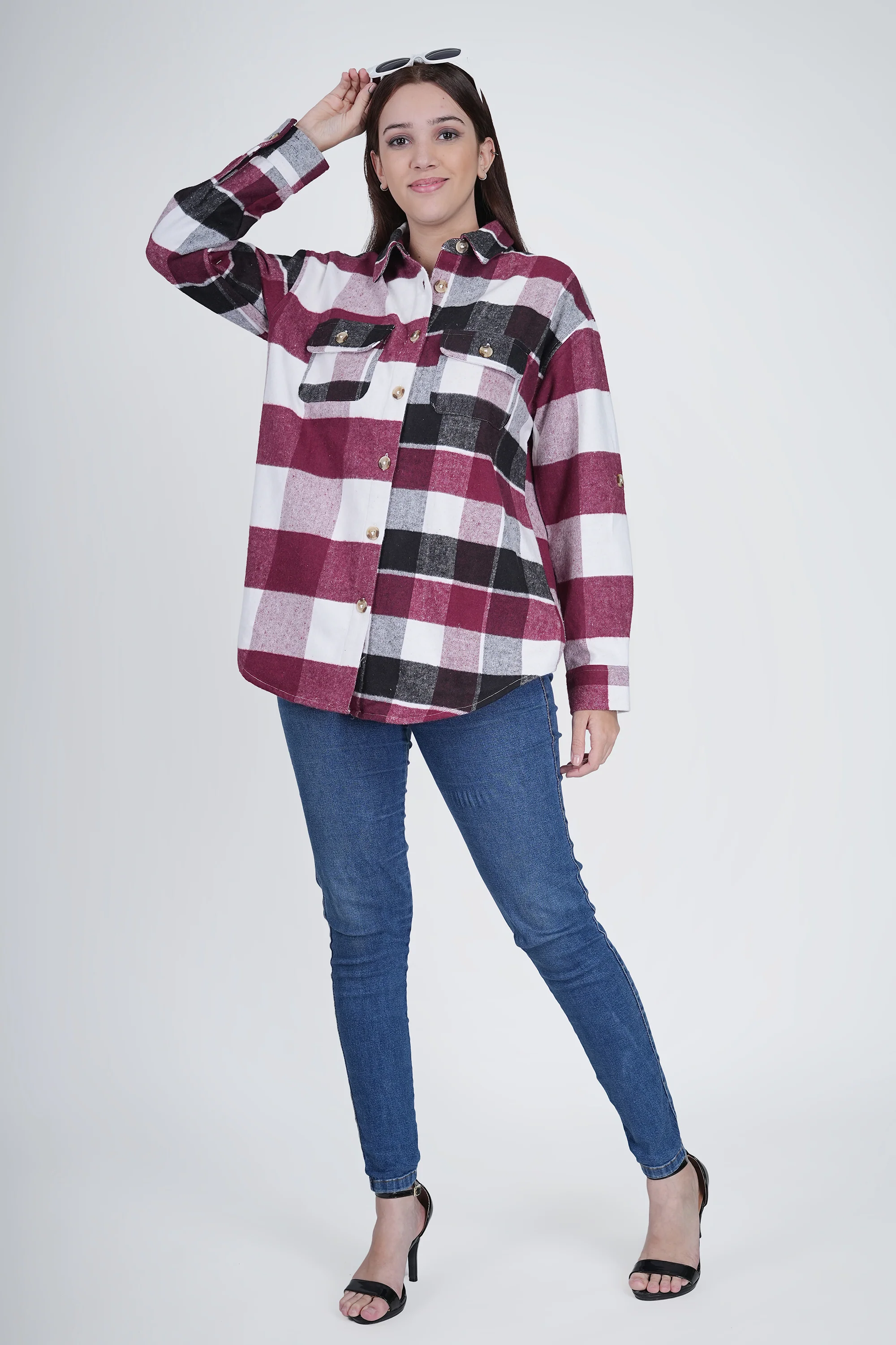 Pink and Black Women's Boxy Fit Checkered Shacket - Image 6