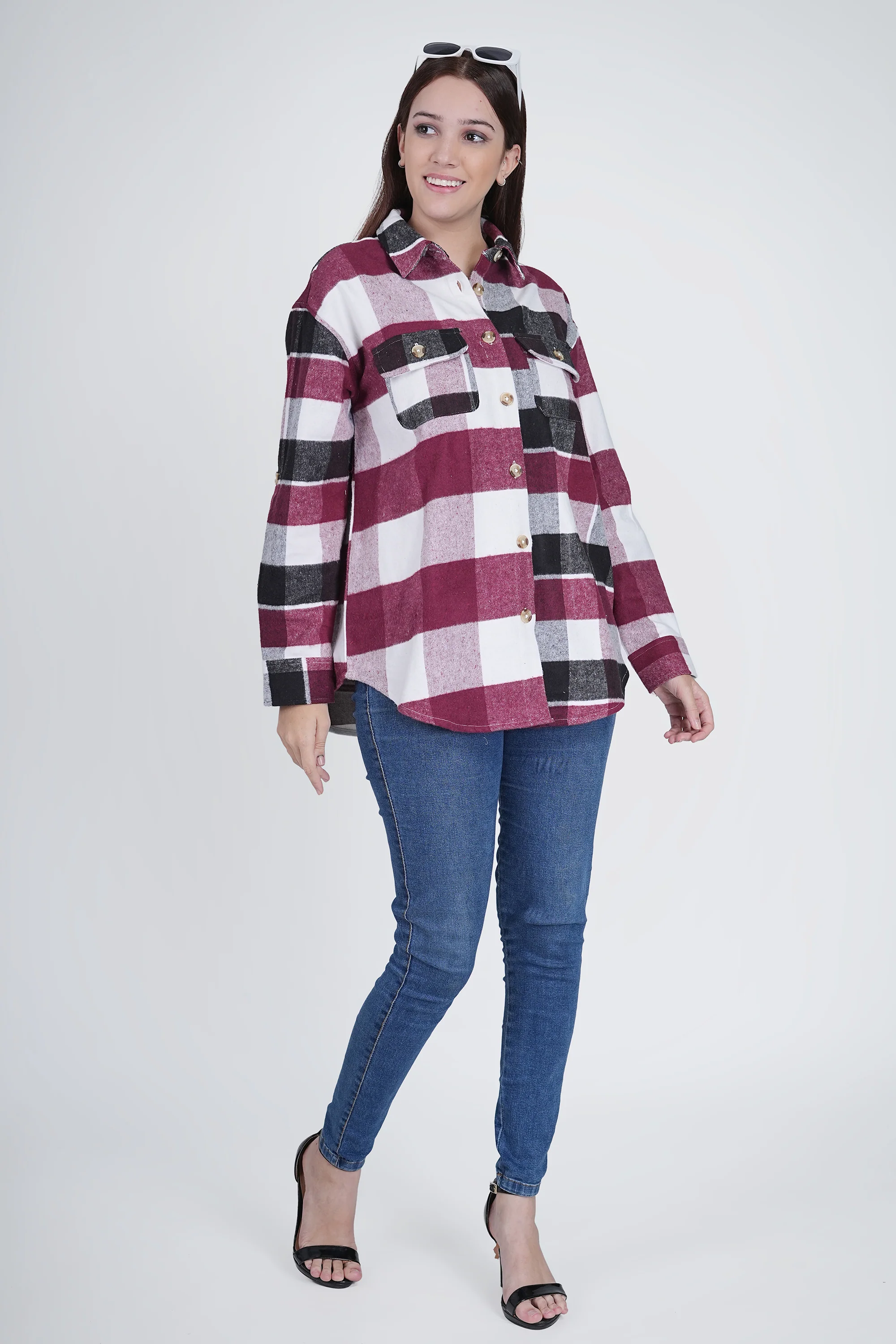 Pink and Black Women's Boxy Fit Checkered Shacket - Image 7
